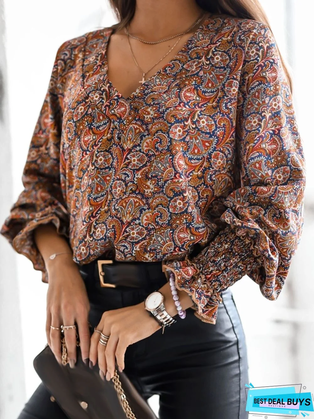 Casual Cashew Flowers Printed Loose V Neck Top