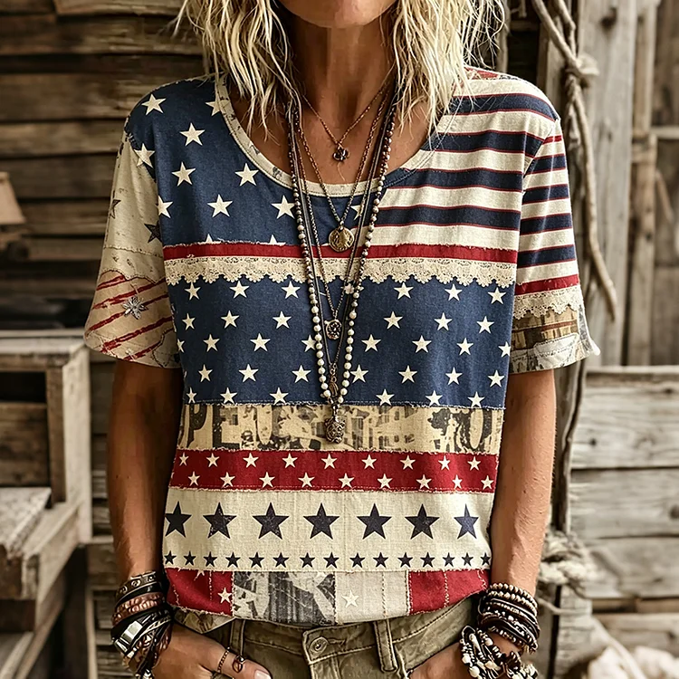 Women's Vintage Flag Patchwork Art Print Tshirt