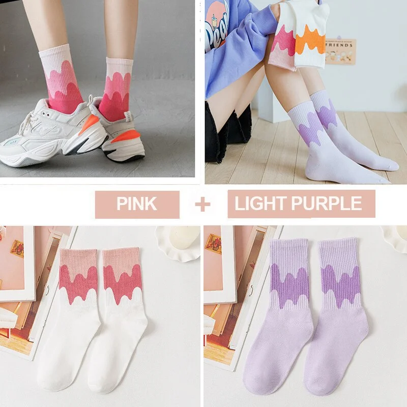 FINETOO 2Pairs/lot Women Midi Tube Socks Female Autumn Winter Candy Colors Korean Japanese Stitching Cotton Girls Graffiti Sock