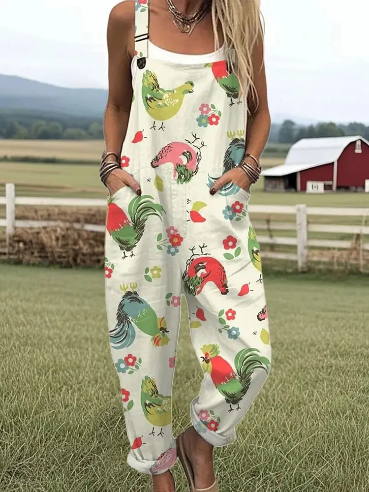 Women's Vintage Chick Art Print Casual Wide Leg Jumpsuit