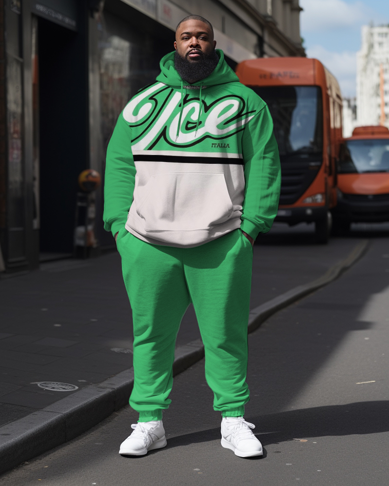 Plus Size Men's Green Hoodie Two-Piece Set