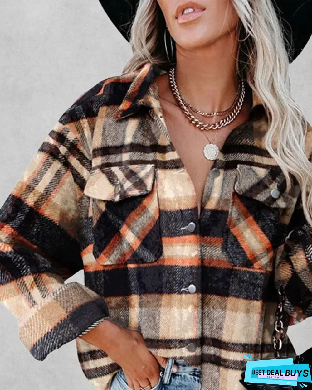 Plaid Print Button Front Long Sleeve Shacket