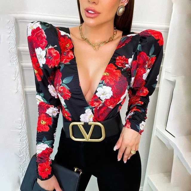 Elegant Boho Print Women Puff Sleeve Skinny Sexy V-neck Bodysuits