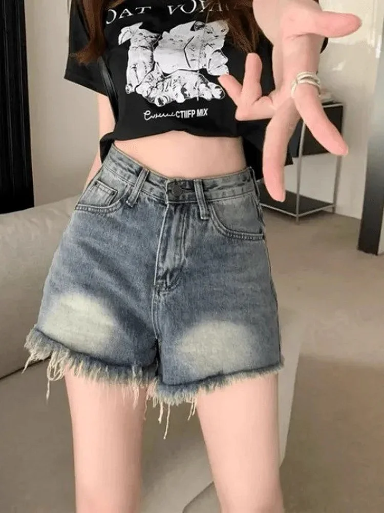Retro Distressed High Waist Wide Leg Shorts with Pockets