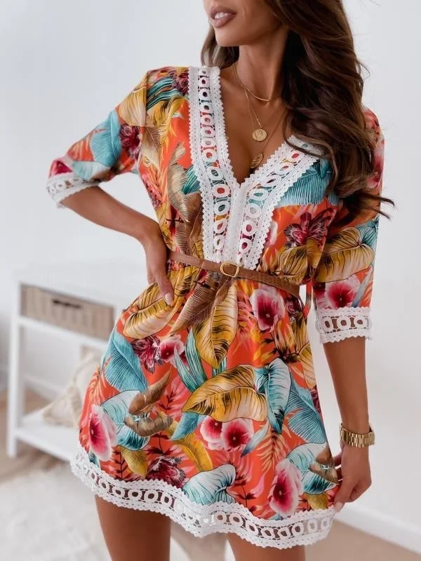 New Lace Printed Dress with Belt