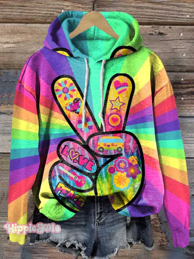 Retro Peace Sign Rainbow Pattern Love And Art Casual Hoodie Sweatshirt Multicolor / S