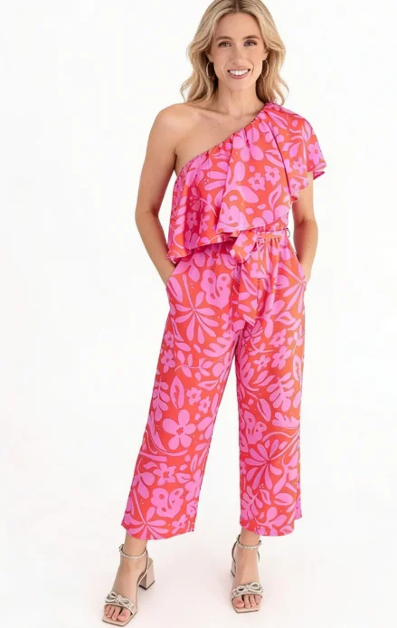Kiss Me Again Coral One Shoulder Ruffle Cropped Jumpsuit