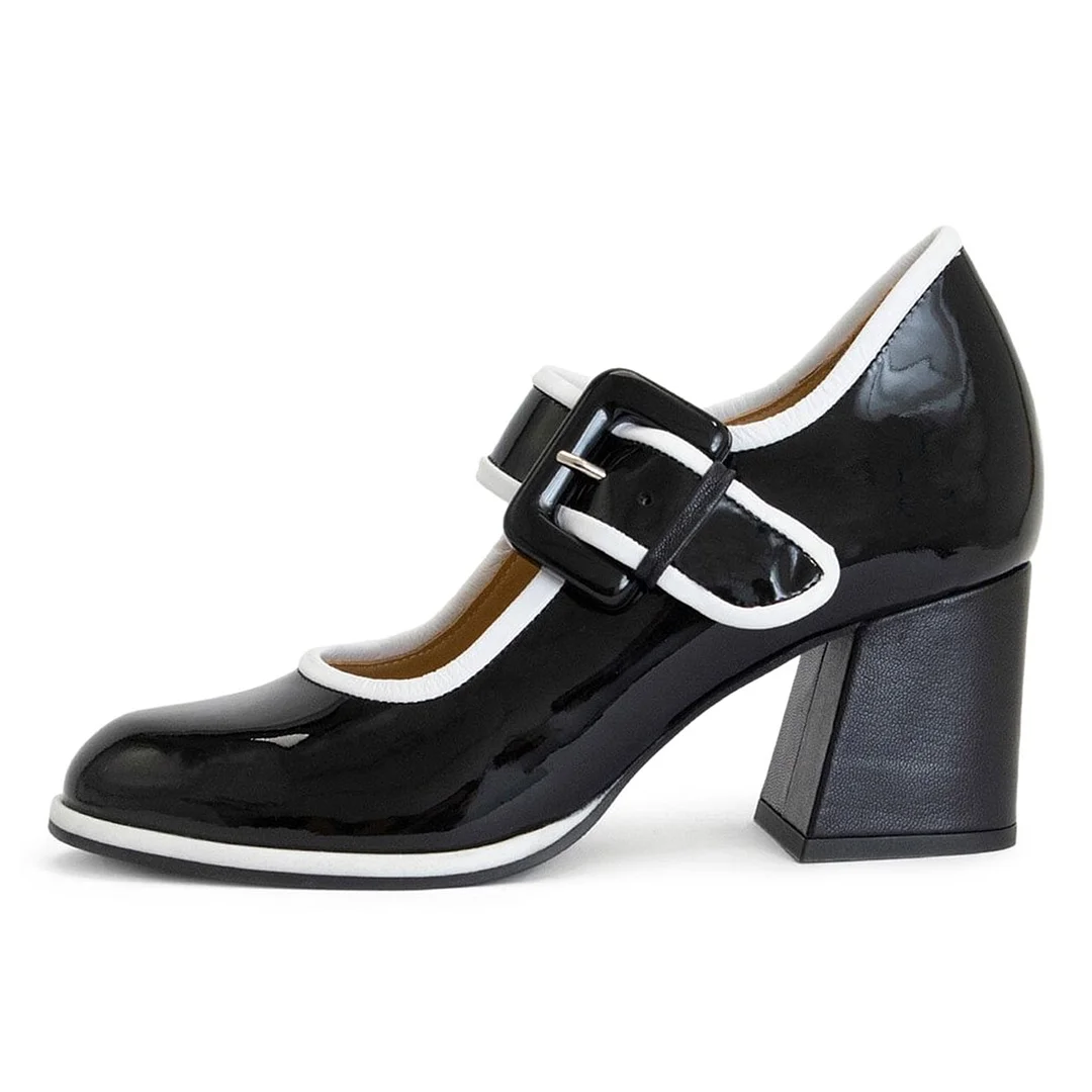 Classic Black Mid Block Heel Buckled Mary Jane Shoes for Women