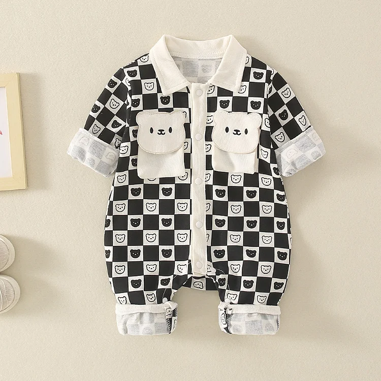 Baby Boy/Girl Gingham White Black Bear Graphic Long Sleeve Romper