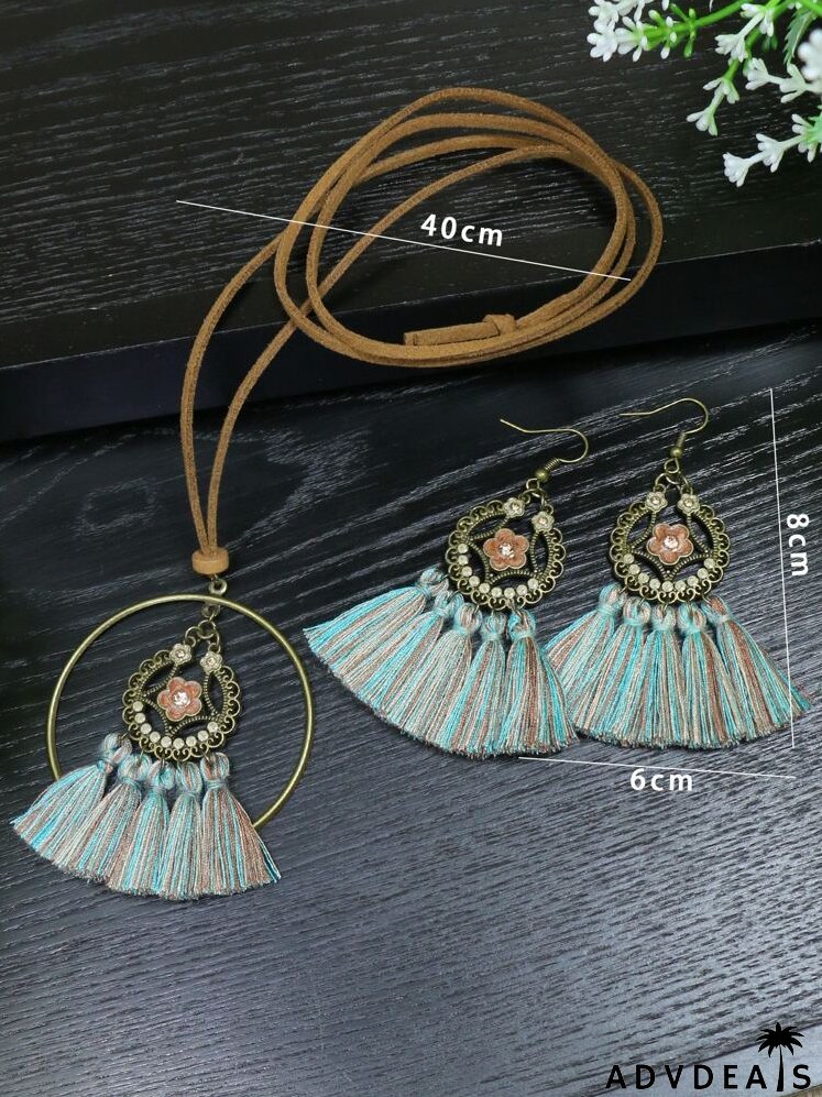 Flower Decor Tassel Pendant Necklace & Drop Earrings
