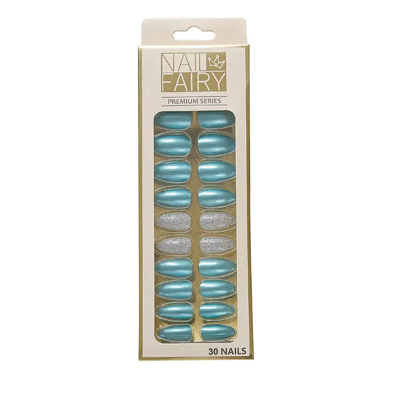 Fake Nails with Glue Metal Color False Nail Art Tips Press on Coffin Stick Designs Clear Set Full Cover Artificial Short Kiss-Nail Inspo