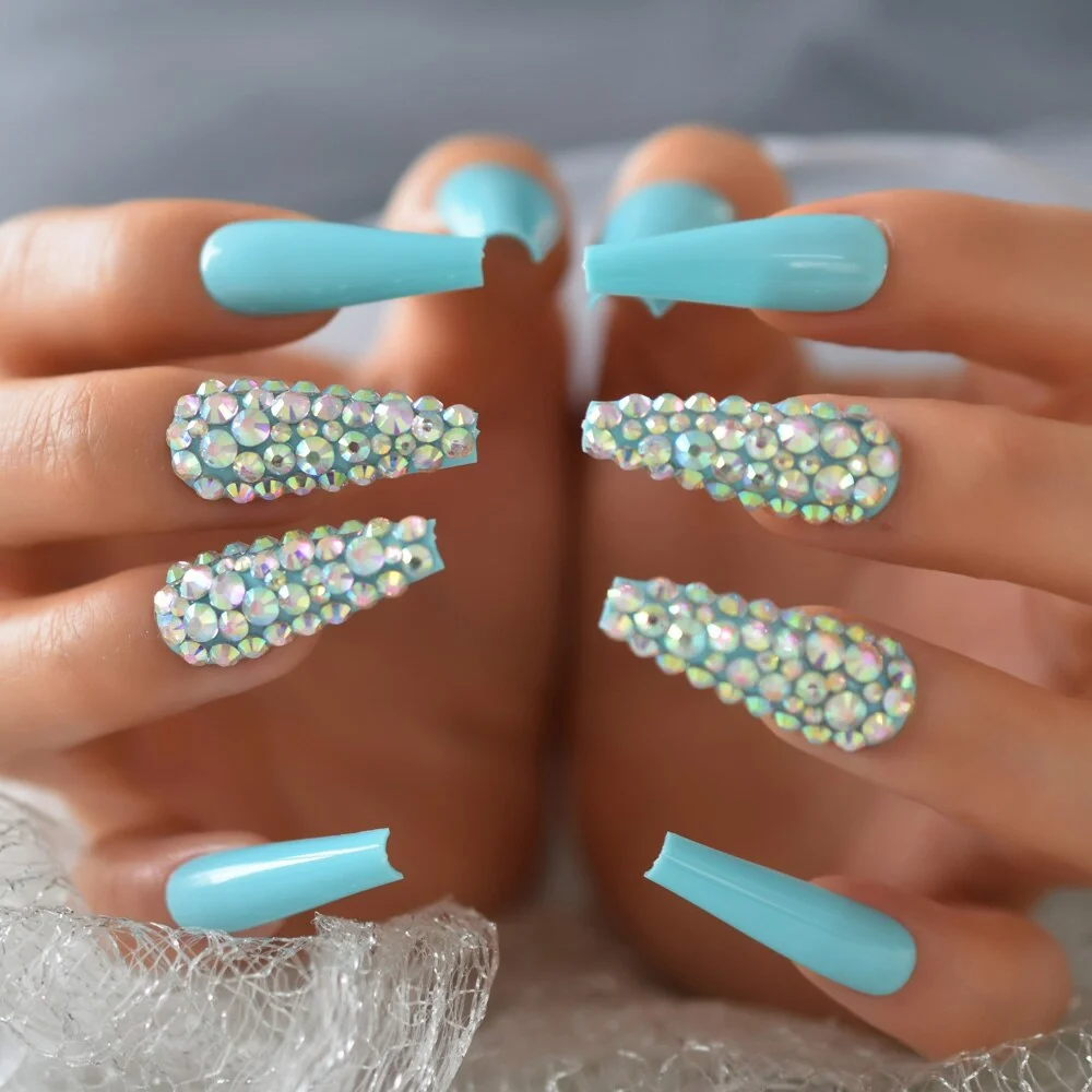 Gorgeous Rainbown Nails Coffin Shape 3D Crystal Decorative Faux Ongles Ombre Pink Blue Yellow Fashion Fake Nails Tip-Nail Inspo