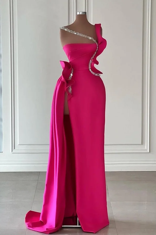 Daisda Fuchsia One-Shoulder Strap Sleeveless Square Beads Prom Dress