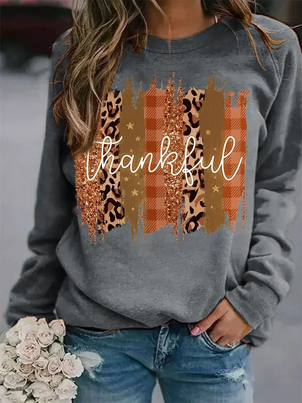 Vefave Thankful Fashion Print Long Sleeve Sweatshirt