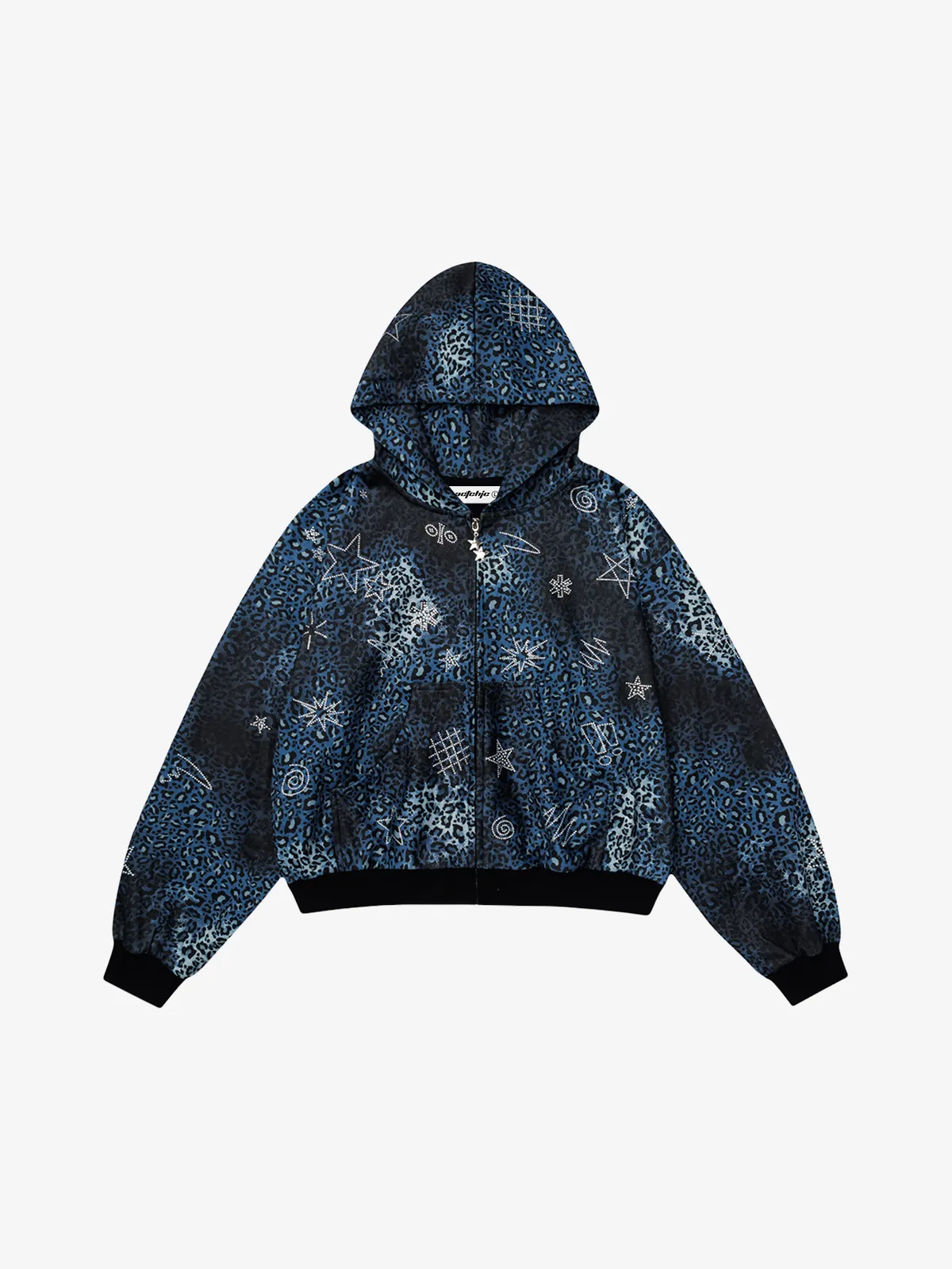 Blue Actchic Leopard Star Rhinestone Zip Up Hoodie Front