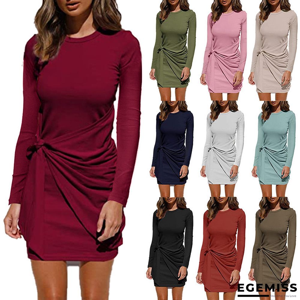Casual Solid Color Knotted Pleated Long Sleeve Dress Women | EGEMISS
