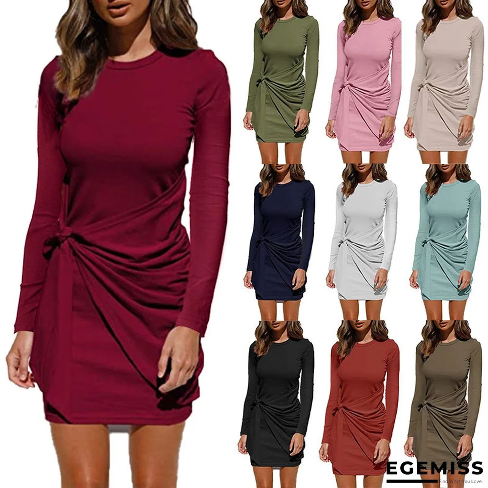 Casual Solid Color Knotted Pleated Long Sleeve Dress Women | EGEMISS