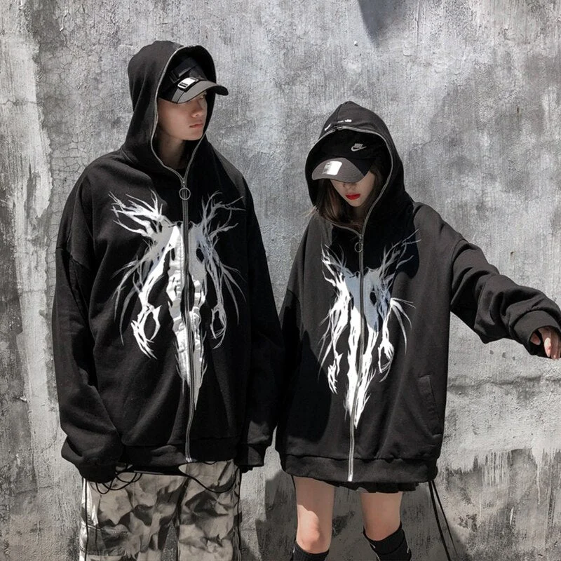 Punk Graphic Print Hoodies Autumn Hooded Zipper Ribbon Women Sweatshirt  Streetwear Goth Black Oversized Couple Jacket Hoodie