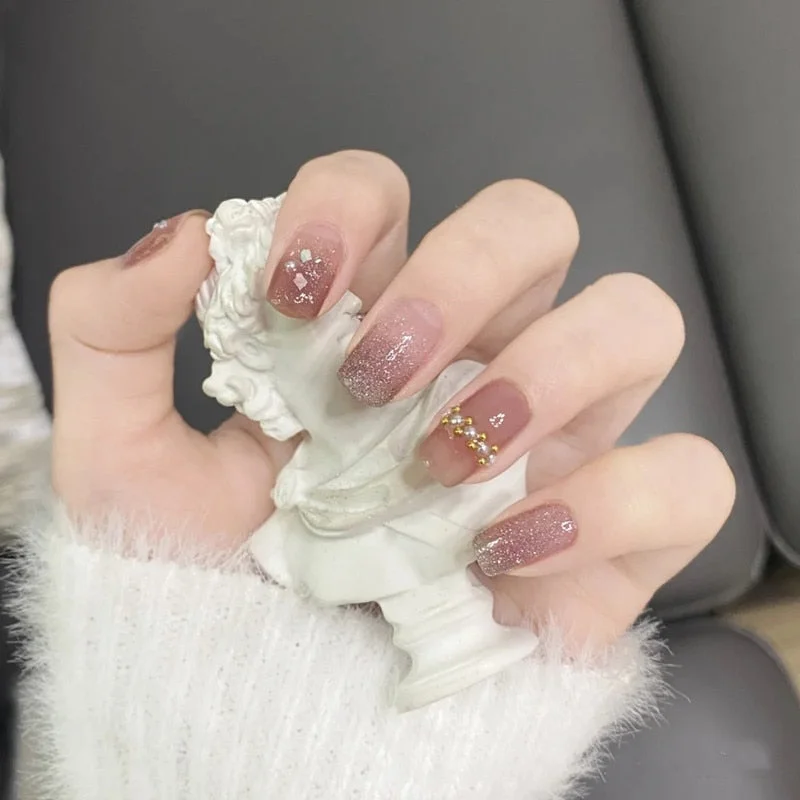 24 Pcs Nude Color nail tips Women Wearable  Fake press on Nails with Diamond Short Round Full Cover artificial nails with Glue-Nail Inspo