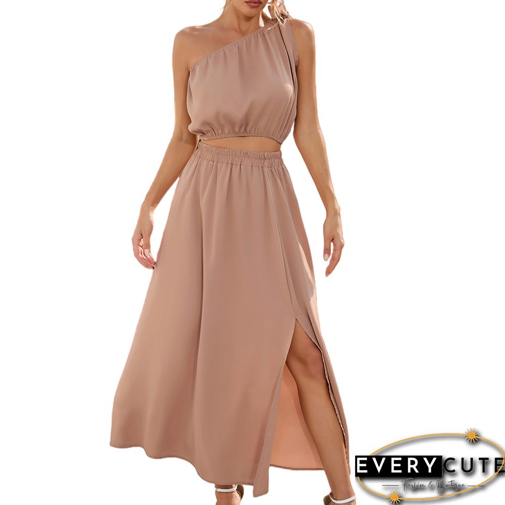 Khaki One-shoulder Crop with with Slit Maxi Skirt Set