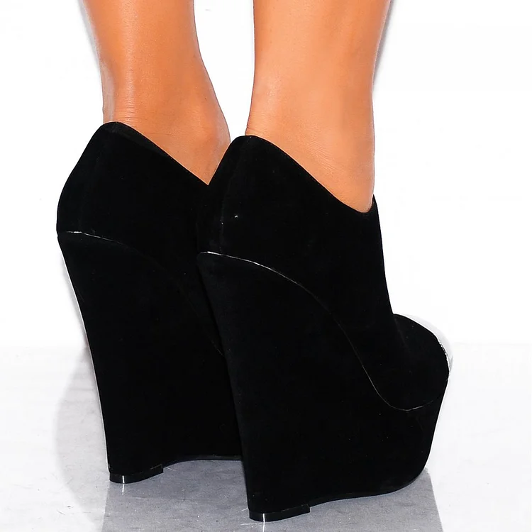 Black Almond Toe Wedge Ankle Booties Vdcoo