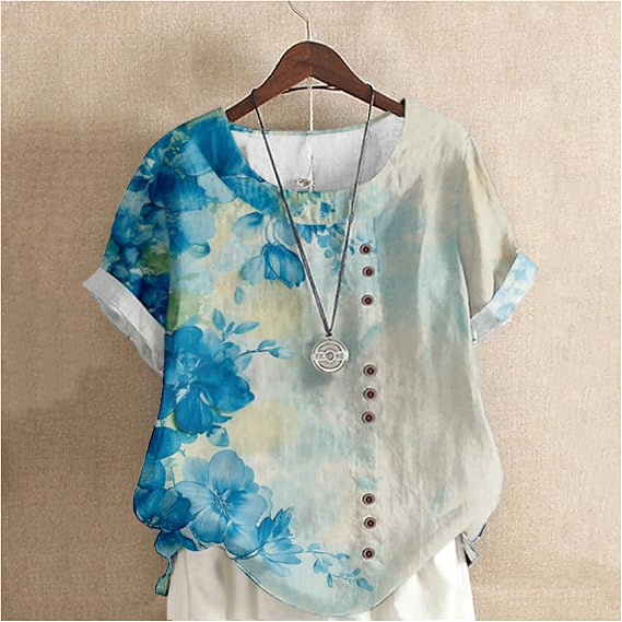 Women's Watercolor Blue Flower Pattern Cotton And Linen Short Sleeve Top