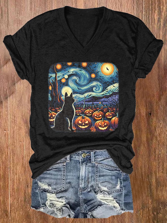Women's Halloween Black Cat Van Gogh Starry Night Pumpkins Bats Print Casual T-Shirt
