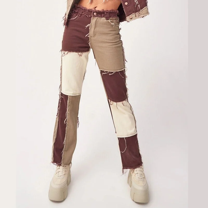 New Women's Jeans Autumn Pink Pants Stitching Denim Casual Girl Hip-Hop High Waist Loose Straight Jeans Women's Fashion Pants