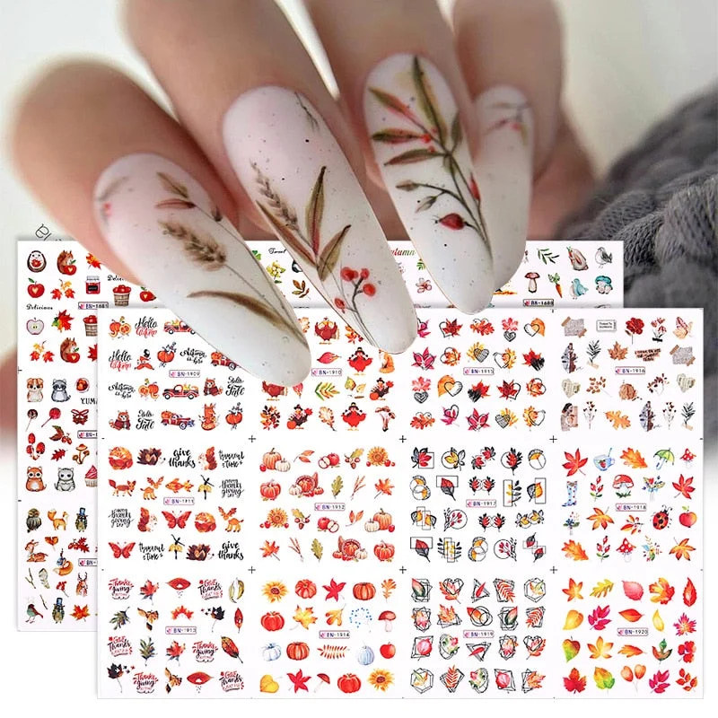 12pcs Sunflower Maple leaf Nail Stickers Sliders For Manicure Christmas Tree  Nail Art Water Decals Transfer Foil Autumn Tips-Nail Inspo