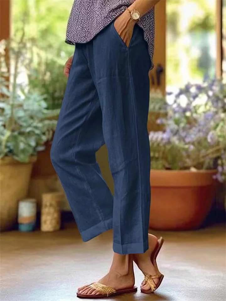 Women's Cotton Linen Loose Solid Color Elastic Waist Straight Casual Pants Plus Size Nine Pants-JRSEE