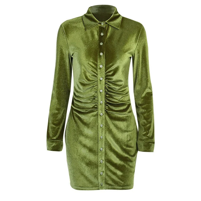 Women Sexy Shirt Dress Pleated Slim Shirt