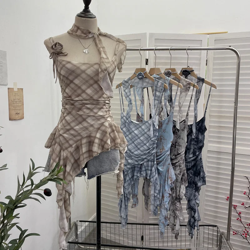 Uveng Real Shooting Retro Tie-Dye-Print Mesh Sling Sling Sling Vest Irregular Lotus Leaf Edge Ribbon Sleeveless Top 1185