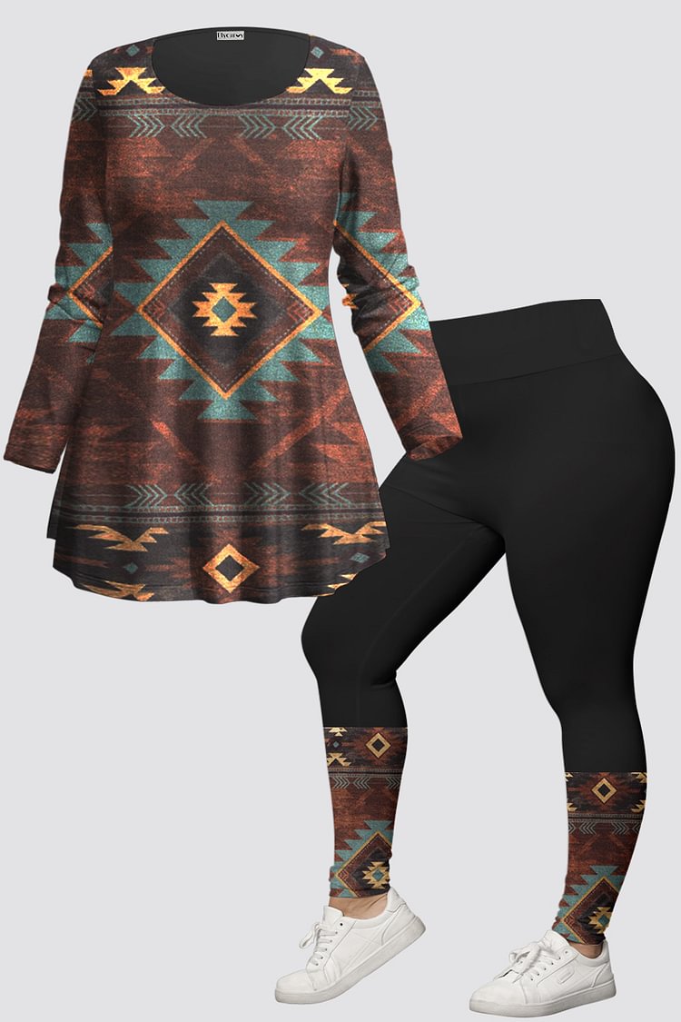 Flycurvy Plus Size Casual Brown Tribal Regular Graphic Print Two Piece Pant Set  Flycurvy [product_label]