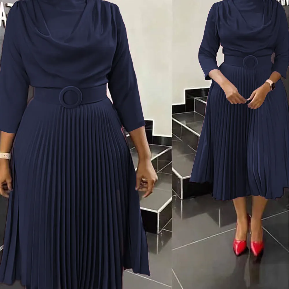 Brownm Autumn Fashion African Solid Color Pleated Dresses