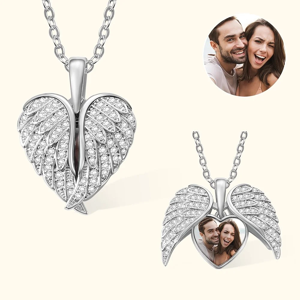 Loveyoufancy Angel Wing Necklace with Custom Photo, Heart Picture Pendant Necklace, Personalized Angel Wings Memorial Jewelry Gifts for Her