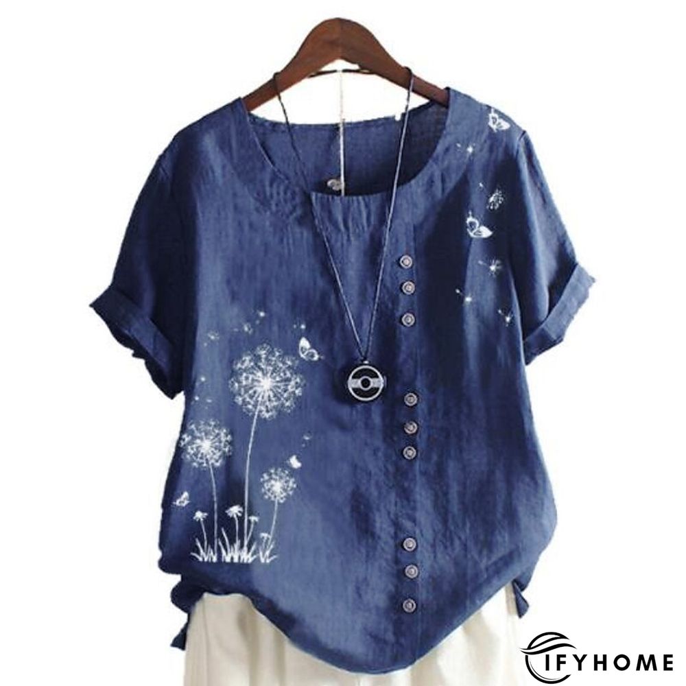 Women's Shirt Blouse Graphic Floral Short Sleeve Date Vacation Daily Casual Crew Neck Cotton Slim L | IFYHOME