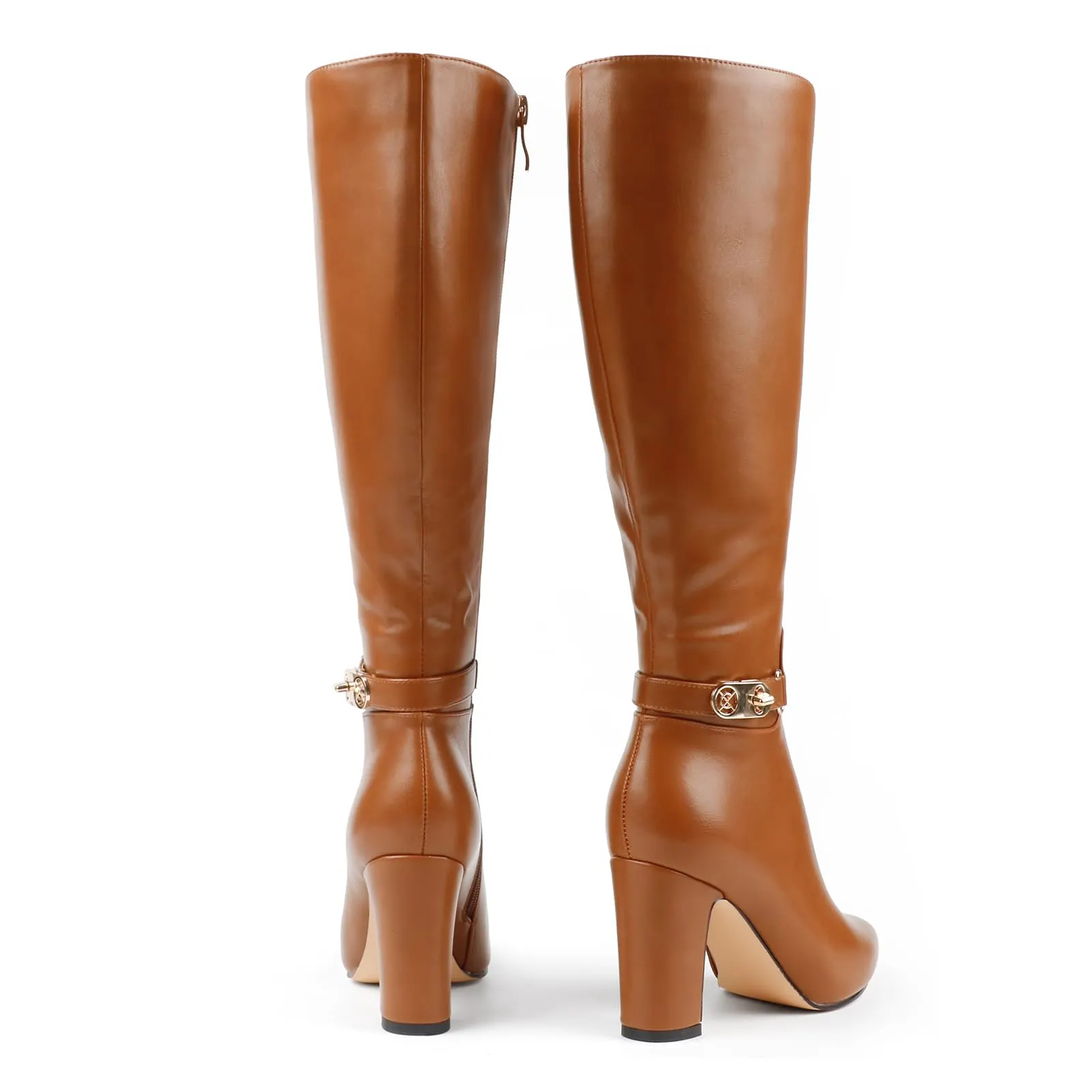 85mm/3.35 inch Women's matte high heel pointed toe buckle style casual zipper knee high boots-vocosishoes