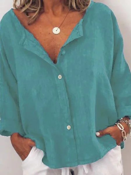 Women's Cotton Linen Contrast Button Collarless Shirt