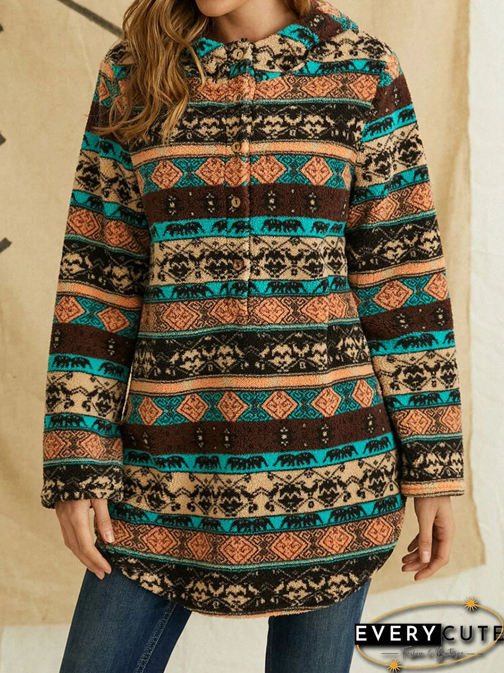 Vintage Ethnic Pattern Print Pocket Hooded Casual Coat for Women