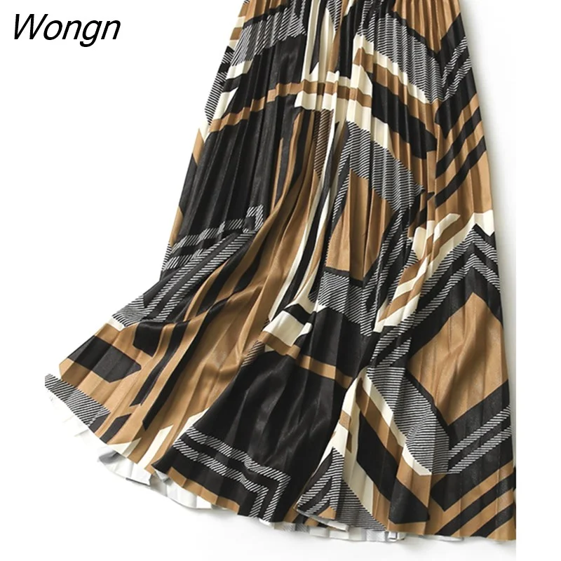 Wongn 2022 Spring Summer Fashion Midi Long Pleated Skirt Women Korean Style Mid-Length High Waist A Line Skirt Female