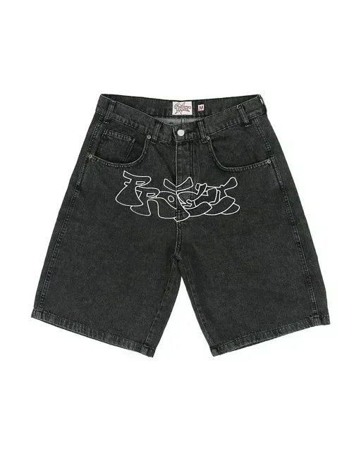 Nulclover fall outfits Hip Hop Retro Skull Embroidery JNCO Shorts Y2K Retro Denim Gym Baggy Jeans Shorts Black Pants High Waist Mens Basketball Short
