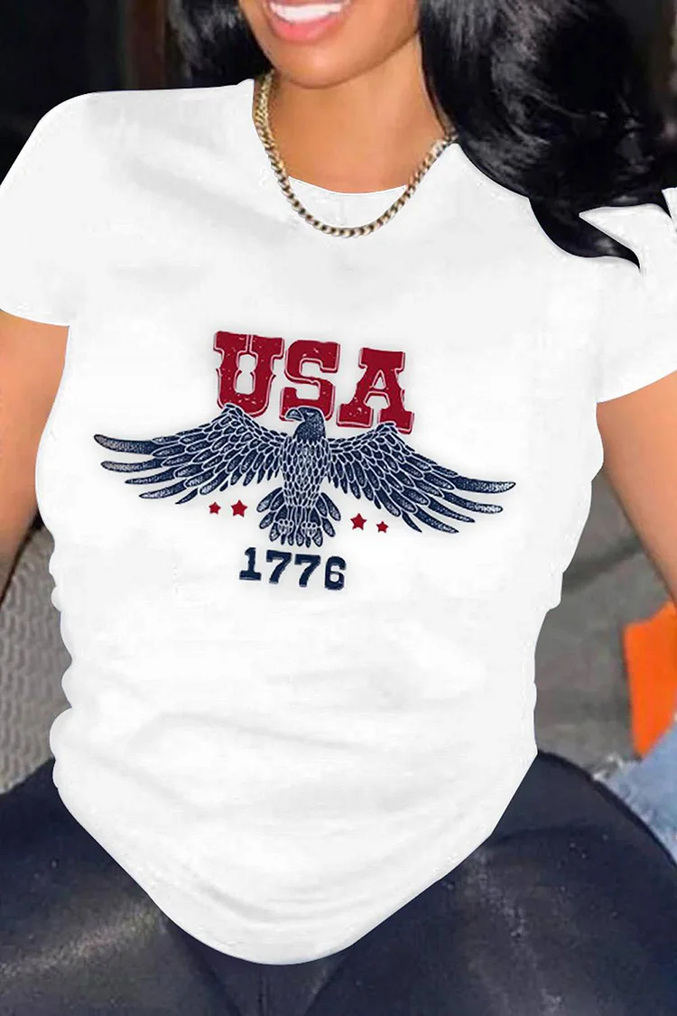 Plus Size White Daily Independence Day Graphic Print Short Sleeve T-Shirts
