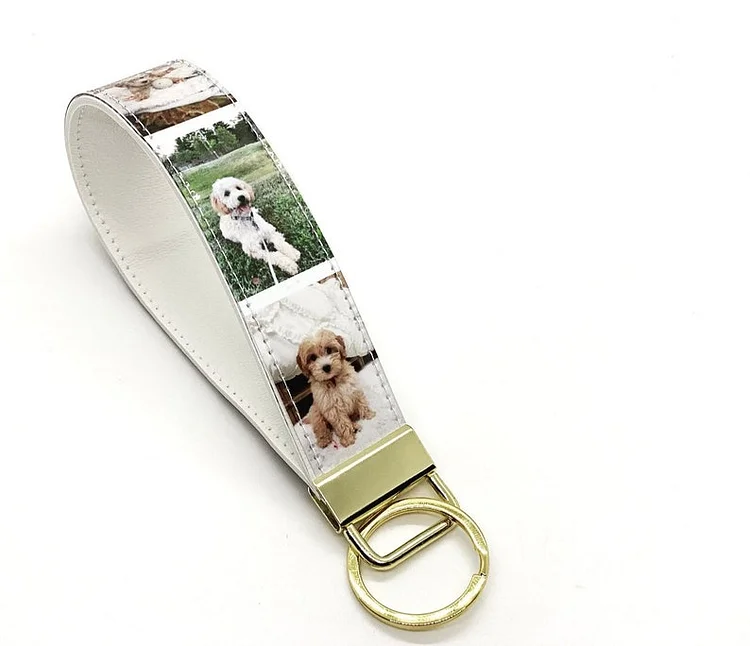 Personalized Pet Photo Keychain, Custom Text Wristlet Photo Booth Reel Keychain