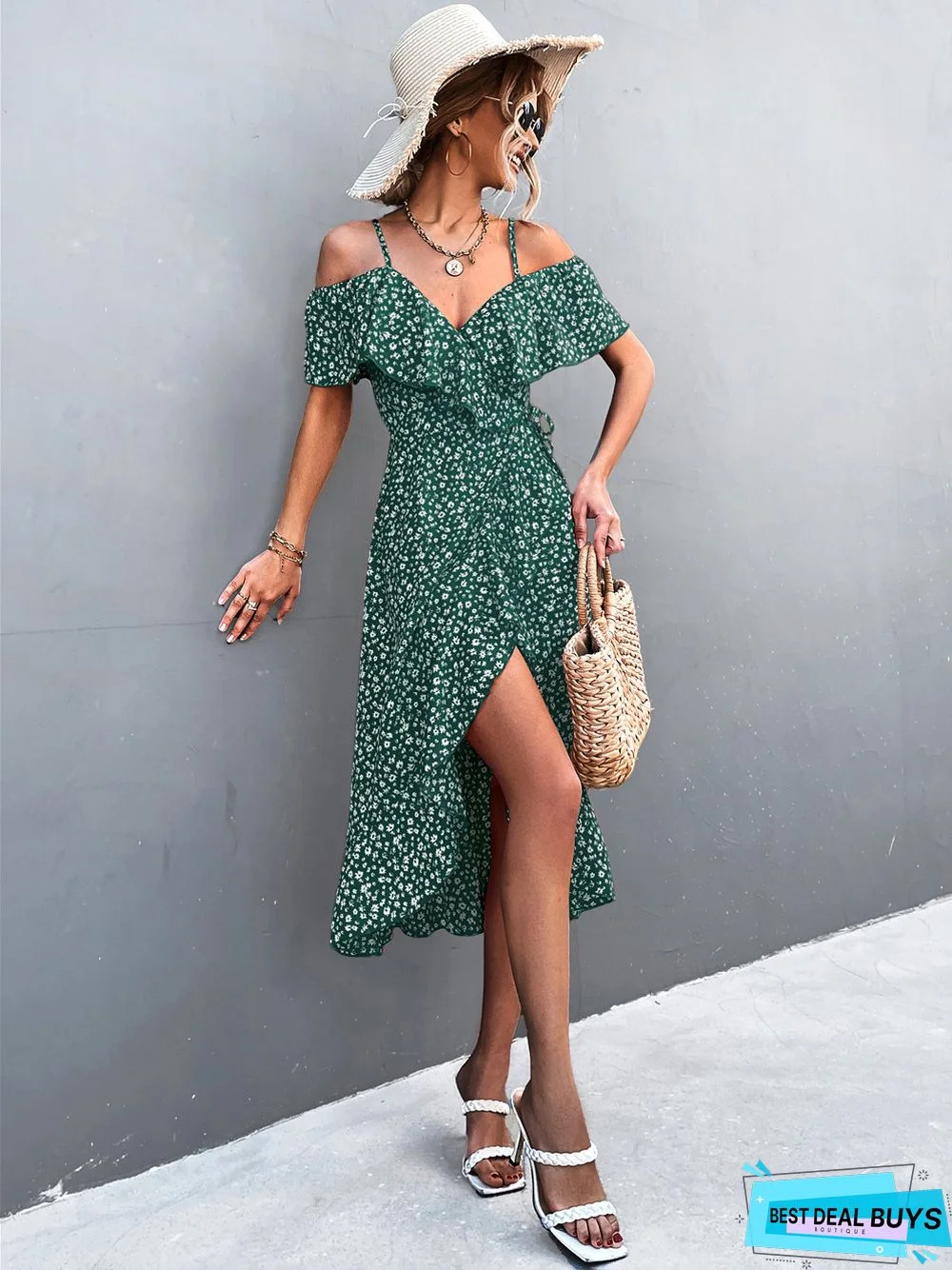 One Shoulder Floral Halter Dress Irregular Dress