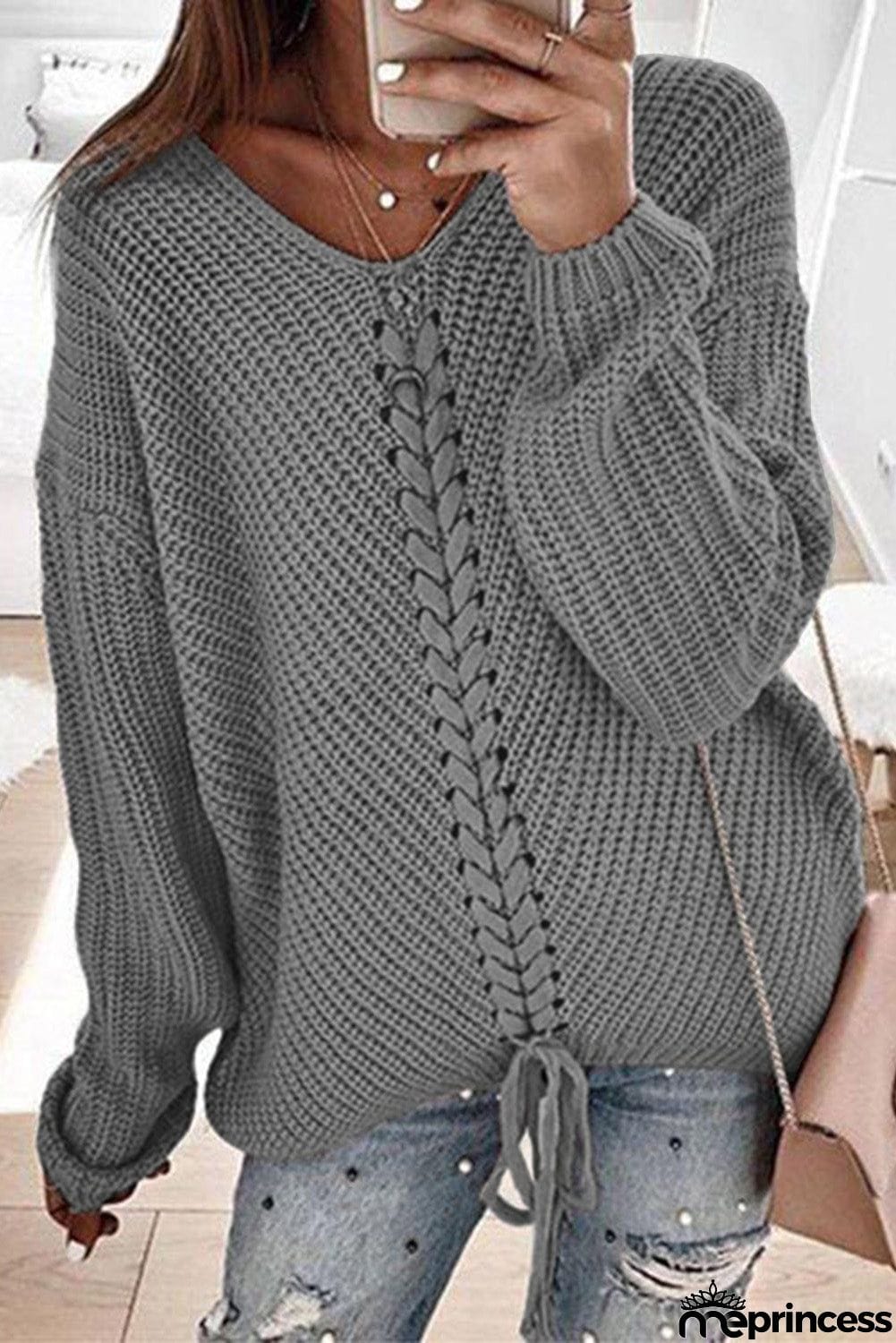 V-neck Lace Up Knitted Sweater