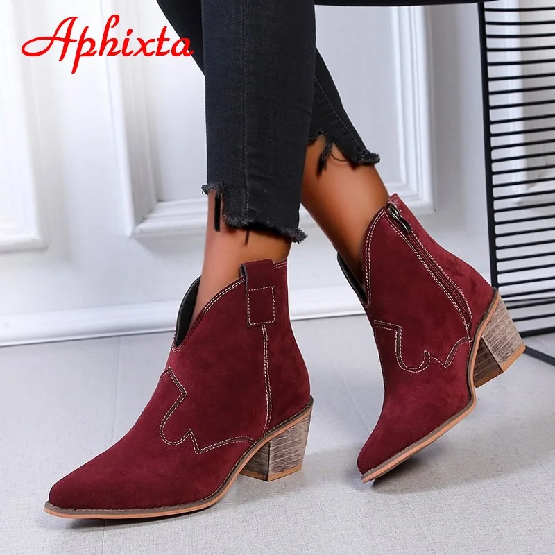 Aphixta Big Size 43 Wood Heels Women's Boots Nubuck Zip Pointed Toe Retro Fashion Autumn Ankle Boots 6cm heel Winter Shoes Women