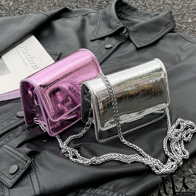 MidiSono - Women Fashion Solid Color Patent Crocodile Leather Laser Flap Chain Mini Square Shoulder Crossbody Bag