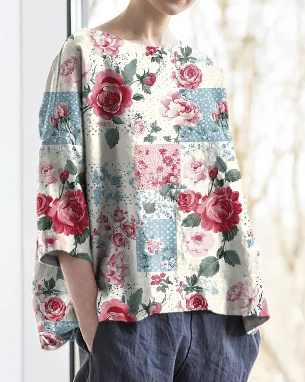 Retro Artistic Floral Round Neck Cotton and Linen Loose Top