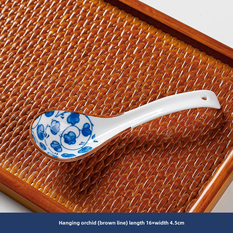 Japanese Style Small Soup Spoon Creative Blue And White Ceramic Spoon Household Thickened Curved Handle Anti-scalding Food Soup Spoon