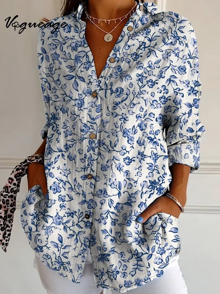 Women's Simple And Elegant Blue Small Florals Long Sleeves Printed Cotton And Linen Shirt